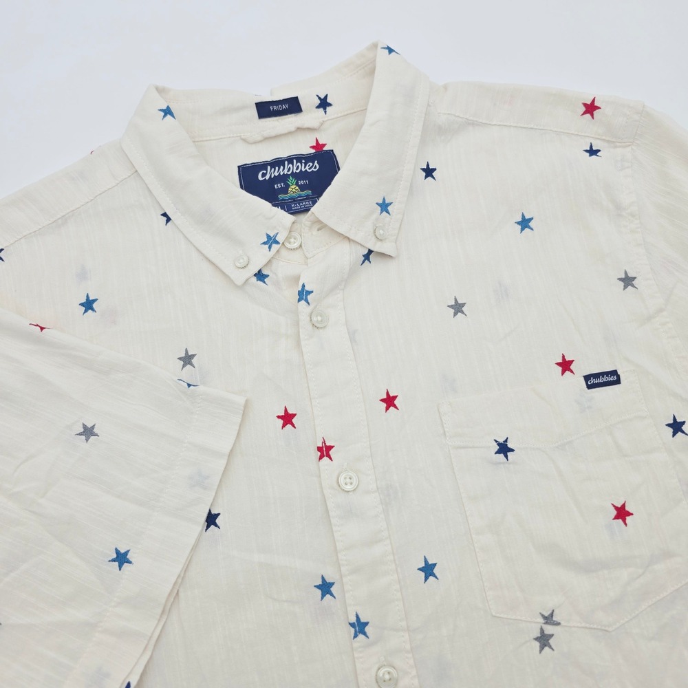 Chubbies Friday Men's XL Cream Star AOP Short Sleeve Button Down Lightweight